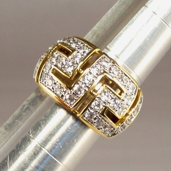 NEW technibond Greek Key Pattern Cubic Zirconias Gold Dome Ring - Picture 1 of 10